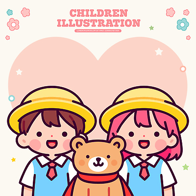 모양 식물 옷 교육 감정 어린이 인형 컨셉 관계 문화예술 표정 사람 파일형식 벡터 곰인형 웃음 행복 친구 그림 하트 꽃 동물 학교 미술 즐거움 컬러 캐릭터 두명 함께함 국내일러스트 일러스트 AI파일 유치원복 유치원 유치원생