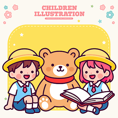 식물 옷 여자 교육 남자 감정 어린이 인형 관계 모션 사람 파일형식 벡터 곰인형 책 교복 소년 소녀 읽기 앉기 즐거움 친구 놀이 그림 컬러 백그라운드 꽃 캐릭터 국내일러스트 일러스트 AI파일 유치원복 유치원 유치원생