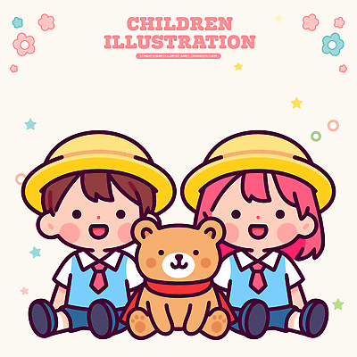 자연요소 식물 옷 교육 감정 어린이 인형 관계 모션 표정 사람 파일형식 벡터 곰인형 교복 앉기 행복 친구 그림 컬러 백그라운드 꽃 별 동물 상상 놀이 웃음 국내일러스트 일러스트 AI파일 유치원복 유치원 유치원생