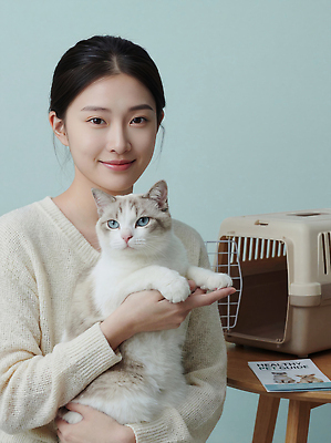 JPG 동물 편집이미지 손 여자 포즈 안기 조명 실내 미소 앉기 친구 반려동물 캐리어 고양이 반려묘 편집실사 AI인물포토 AI콘텐츠 포유류 관계 모션 표정 사람 내부 신체부위 여행가방 CG 파일형식 AI포토