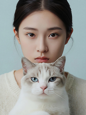 JPG 동물 편집이미지 여자 포즈 백그라운드 함께함 표정 반려동물 마주보기 카메라 귀여움 고양이 편안함 반려묘 편집실사 AI인물포토 AI콘텐츠 컨셉 포유류 모션 사람 전자제품 감각 CG 파일형식 AI포토