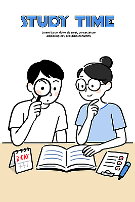교육 컨셉 관계 문구용품 사람 학습 상점 사무용품 파일형식 벡터 남자 여자 돋보기 책 메모지 계획 자료 시간 집중 경고 친구 협력 공책 달력 디데이 카페 국내일러스트 일러스트 AI파일 스터디