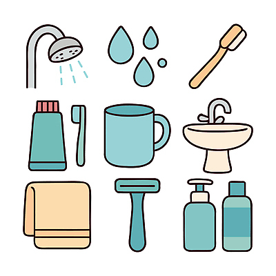 자연요소 생활용품 컨셉 위생용품 청결 파일형식 벡터 욕실 세면대 샤워기 물방울 칫솔 비누 수건 물 목욕 청소 준비 위생 관리 건강 깨끗함 국내일러스트 일러스트 AI파일