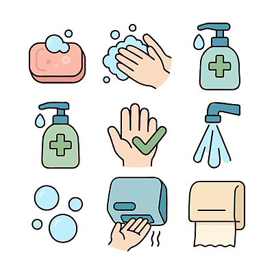 자연요소 손 의학 신체부위 위생용품 기계 위생 씻기 파일형식 벡터 손씻기 비누 세정제 물 건조기 건강 손가락 박테리아 예방 청결 Soap Hygiene Cleanliness Washing 물방울 국내일러스트 일러스트 AI파일