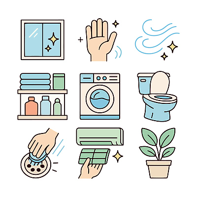 가사 주택 실내 신체부위 위생용품 가전제품 도구 청소 오브젝트 파일형식 벡터 창문 세탁기 화장실 정리 손 식물 수건 세제 청소도구 집안 작업 위생 빨래 아파트 방 생활 생활용품 국내일러스트 일러스트 AI파일