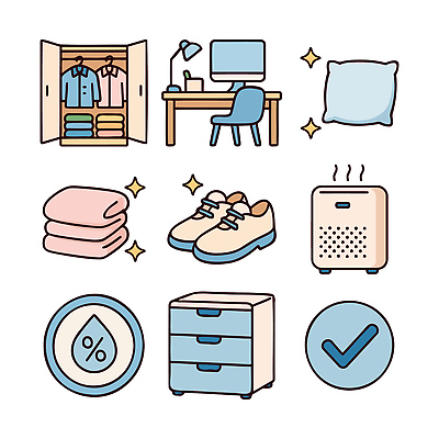 가구 생활용품 침구 내부 전자제품 위생용품 난방용품 파일형식 벡터 방 장롱 책상 컴퓨터 의자 베개 수건 신발 난방기 서랍장 오브젝트 정리 생활 공간 실내 디자인 수납 청소 스타일 국내일러스트 일러스트 AI파일 위생