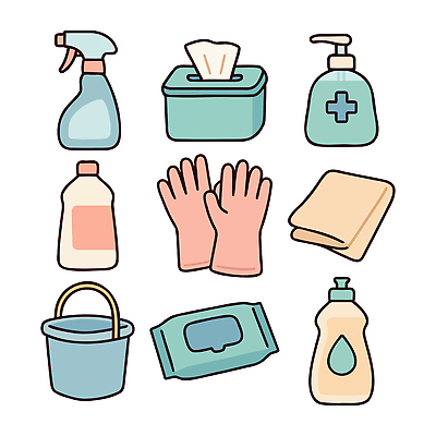 잡화 가사 라이프 위생용품 도구 위생 청소 세정제 파일형식 벡터 상품 스프레이 장갑 물티슈 수건 청소도구 항균 빨래 청결 일상 정리 손세정제 가정 건강 관리 국내일러스트 일러스트 AI파일