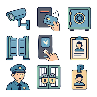 직업 컨셉 안전 전자제품 확인 파일형식 벡터 보안 시스템 카메라 금고 지문 직원 경찰 감시 보호 장비 스크린 문 체크표시 기술 국내일러스트 일러스트 AI파일