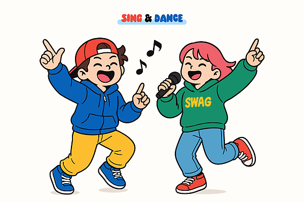 여자 남자 감정 어린이 음악 음향기기 신발 상의 관계 놀이 문화예술 표정 사람 신체부위 파일형식 벡터 노래 춤 소년 소녀 즐거움 모션 게임 시간 친구 스웨터 운동화 웃음 소리 손 마이크 컬러 국내일러스트 일러스트 AI파일