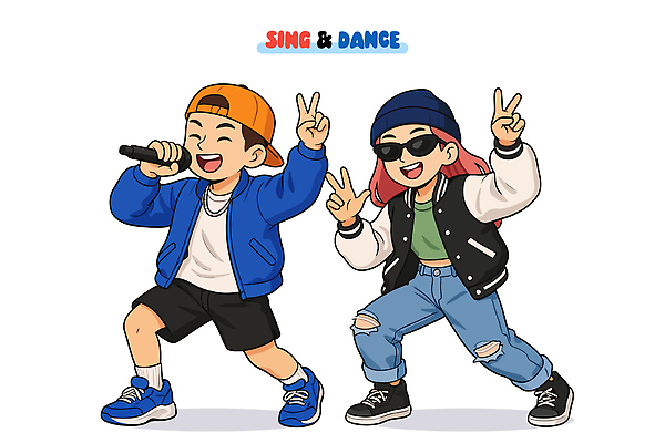 계절 감정 음악 음향기기 관계 문화예술 이벤트 파일형식 벡터 춤 노래 무대 마이크 즐거움 포즈 모션 친구 공연 표현 상호작용 여름 놀이 문화 국내일러스트 일러스트 AI파일