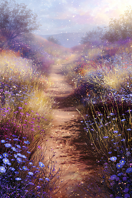 JPG 나무 식물 꽃 길 컬러 여행 일러스트 자연 하늘 풍경 여름 빛 햇빛 소풍 일출 보라색 산책 들꽃 먼지 평야 국내일러스트 AI일러스트 AI콘텐츠 계절 휴식 태양 야외활동 노을 생태계 파일형식