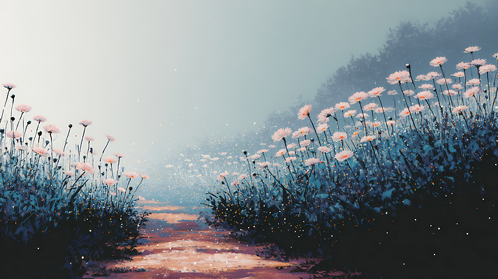 JPG 나무 꽃 길 여유 백그라운드 꽃밭 일러스트 자연 아침 풍경 파란색 산책 공간 안개 흰색 조용 길가 국내일러스트 AI일러스트 AI콘텐츠 주간 식물 감정 컬러 날씨 휴식 생태계 파일형식