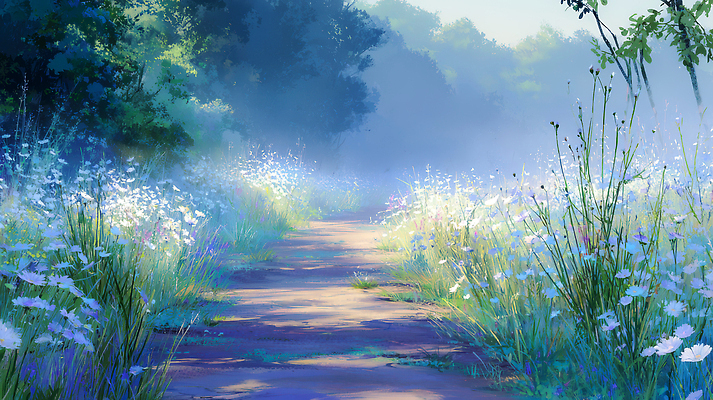 JPG 나무 꽃 길 일러스트 자연 하늘 아침 산 풍경 여름 파란색 햇빛 걷기 봄 산책 탐험 안개 숲 조용 국내일러스트 AI일러스트 AI콘텐츠 주간 식물 계절 컬러 모션 날씨 휴식 태양 생태계 파일형식