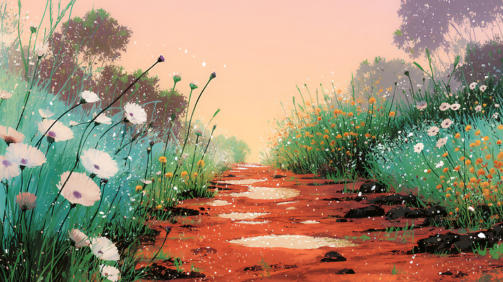 JPG 식물 꽃 길 컬러 일러스트 자연 하늘 조명 산 풍경 여름 일몰 산책 산책로 보행로 자작나무 서쪽 흙길 국내일러스트 AI일러스트 AI콘텐츠 나무 계절 휴식 노을 흙 방향 생태계 파일형식