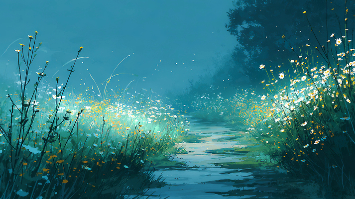 JPG 나무 꽃 길 일러스트 자연 풍경 잔디 여름 정원 산책 공간 습기 숲 언덕 조용 천연 길가 경관 국내일러스트 AI일러스트 AI콘텐츠 식물 계절 휴식 생태계 파일형식