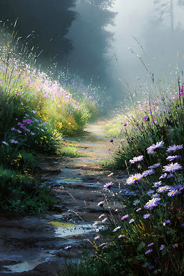 JPG 나무 꽃 길 컬러 일러스트 자연 생명 아침 이끼 풍경 청춘 햇빛 평화 산책로 안개 숲 조화 국내일러스트 AI일러스트 AI콘텐츠 주간 식물 컨셉 날씨 태양 생태계 파일형식