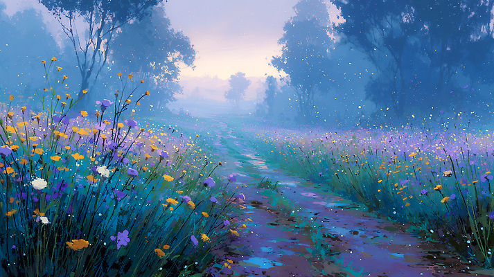 JPG 나무 꽃 길 꽃밭 일러스트 자연 생명 아침 풍경 노란색 환경 보라색 산책로 들꽃 안개 시간 숲 조용 국내일러스트 AI일러스트 AI콘텐츠 주간 식물 컬러 날씨 생태계 파일형식