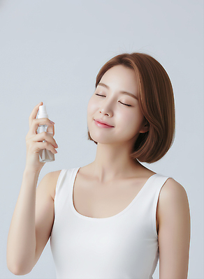 JPG 편집이미지 여자 얼굴 백그라운드 건강 미소 촬영 화장품 흰색 상품 뿌리기 피부 스프레이 스킨케어 편집실사 AI인물포토 AI콘텐츠 컬러 모션 표정 사람 신체부위 뷰티 CG 파일형식 AI포토