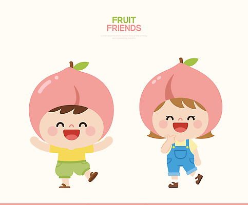 캐릭터 감정 컨셉 과일 관계 모션 표정 사람 파일형식 벡터 친구 어린이 웃음 복숭아 달리기 놀이 밝은색 함께함 즐거움 컬러 행복 소통 아기 디자인 일러스트 AI파일 일러캐릭터