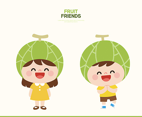 캐릭터 감정 과일 관계 표정 사람 신체부위 보호장비 파일형식 벡터 어린이 친구 웃음 멜론 헬멧 컬러 놀이 표현 얼굴 즐거움 옷 포즈 행복 디자인 일러스트 AI파일 일러캐릭터