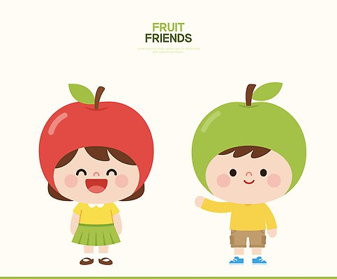 캐릭터 여자 남자 감정 어린이 컬러 컨셉 과일 관계 표정 사람 파일형식 벡터 친구 사과 소녀 소년 웃음 초록색 빨간색 백그라운드 즐거움 놀이 행복 순수 일러스트 AI파일 일러캐릭터