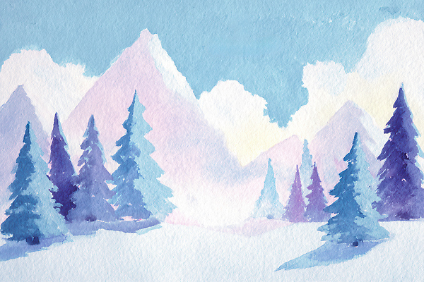 JPG 나무 예술 분홍색 겨울 일러스트 자연 하늘 수채화 산 풍경 그래픽 파란색 보라색 물감 공간 차가움 그림 뷰티풀 AI일러스트 식물 계절 컬러 미술도구 생태계 파일형식 AI콘텐츠