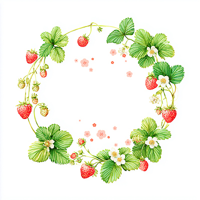 도형 식물 계절 산업 컬러 농업 과일 문화예술 학용품 취미 생태계 파일형식 AI콘텐츠 딸기 꽃 테두리 여름 자연 원형 장식 디자인 초록색 원예 미술 색연필 수채화 정원 수확 JPG AI일러스트 일러스트 프레임