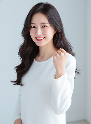 JPG 편집이미지 긴머리 여자 행복 포즈 스튜디오 표정 미소 머리 촬영 주먹 자신감 심플 편집실사 AI인물포토 AI콘텐츠 헤어스타일 감정 모션 사람 신체부위 CG 파일형식 AI포토