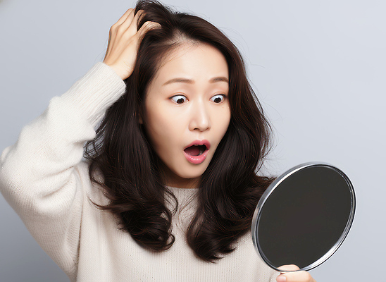 JPG 편집이미지 헤어스타일 손 여자 감정 실내 표정 밝음 화장 머리 놀람 거울 파마 치장 탈모 스타일 편집실사 AI인물포토 AI콘텐츠 사람 내부 신체부위 뷰티 CG 증상 파일형식 AI포토