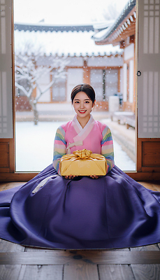 JPG 편집이미지 전통 여자 명절 문화 상징 겨울 포장 한옥 한국 선물 앉기 이벤트 새해인사 한복 방문 의료성형뷰티 고택 편집실사 AI인물포토 AI콘텐츠 한국전통 건축물 계절 기념일 아시아 고건축 모션 새해 사람 인사 전통의상 CG 파일형식 AI포토