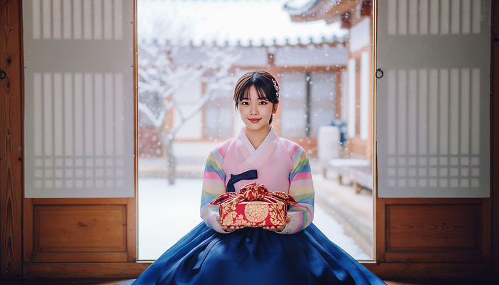 JPG 편집이미지 전통 여자 명절 기념일 문화 프로포즈 겨울 가족 한옥 한국 대화 선물 축제 만남 새해인사 한복 의료성형뷰티 편집실사 AI인물포토 AI콘텐츠 한국전통 계절 아시아 컨셉 고건축 관계 새해 말하기 사람 이벤트 인사 전통의상 CG 파일형식 AI포토