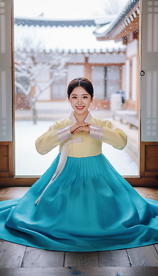 JPG 편집이미지 전통 옷 여자 명절 문화 겨울 한옥 한국 미소 앉기 풍경 새해인사 한복 뷰티풀 의료성형뷰티 편집실사 AI인물포토 AI콘텐츠 한국전통 계절 기념일 아시아 고건축 모션 새해 표정 사람 인사 전통의상 CG 파일형식 AI포토