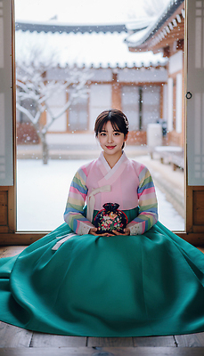 JPG 편집이미지 전통 옷 여자 명절 문화 겨울 한옥 서울 한국 새해인사 한복 오브젝트 뷰티풀 의료성형뷰티 편집실사 AI인물포토 AI콘텐츠 한국전통 계절 기념일 아시아 고건축 새해 사람 인사 전통의상 CG 파일형식 AI포토