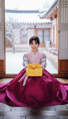 JPG 편집이미지 전통 여자 명절 문화 겨울 한옥 한국 실내 선물 치마 설날 공간 새해인사 한복 고객 저고리 고풍 의료성형뷰티 편집실사 AI인물포토 AI콘텐츠 한국전통 계절 기념일 아시아 고건축 하의 새해 사람 내부 인사 전통의상 CG 파일형식 AI포토