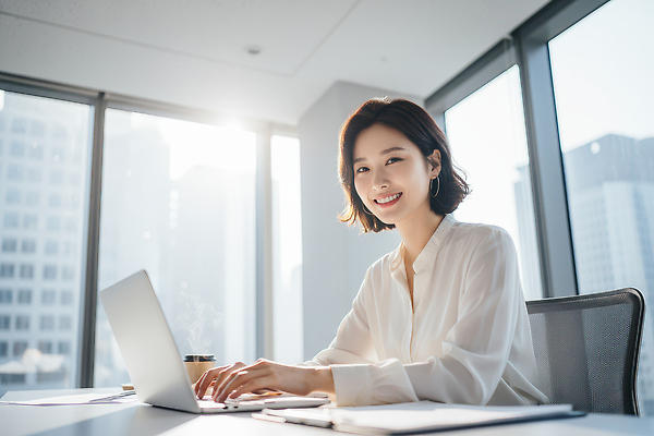 JPG 편집이미지 여자 창문 아침 기술 웃음 노트북 컴퓨터 사무실 햇빛 작업 비즈니스우먼 오후 의료성형뷰티 편집실사 AI인물포토 AI콘텐츠 주간 비즈니스 표정 사람 전자제품 태양 직장인 CG 파일형식 AI포토