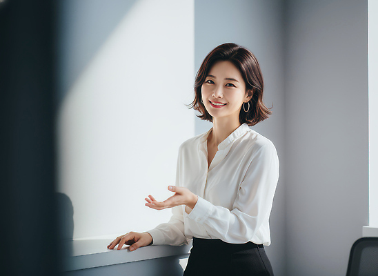 JPG 편집이미지 여자 직장 대화 사람 손짓 사무실 공간 업무 작업 비즈니스우먼 분위기 직원 블라우스 의료성형뷰티 편집실사 AI인물포토 AI콘텐츠 컨셉 상의 회사 비즈니스 모션 말하기 직장인 CG 파일형식 AI포토