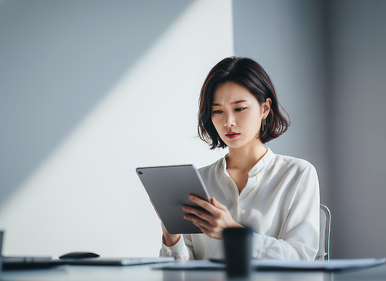JPG 편집이미지 여자 생각 조명 기술 사람 태블릿 사무실 스크린 시간 업무 작업 비즈니스우먼 집중 의료성형뷰티 편집실사 AI인물포토 AI콘텐츠 컨셉 비즈니스 전자제품 스마트기기 직장인 CG 파일형식 AI포토