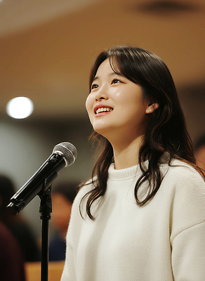 JPG 편집이미지 여자 종교 실내 표정 말하기 이야기 이벤트 무대 발표 군중 집중 마이크 찬양 성가대 소통 주목 편집실사 AI인물포토 AI콘텐츠 기독교 음향기기 컨셉 모션 사람 내부 CG 합창 파일형식 AI포토