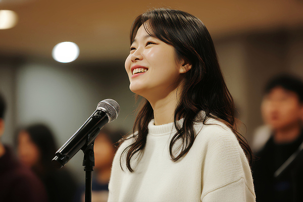 JPG 편집이미지 여자 종교 모션 실내 표정 이야기 대화 웃음 사람 이벤트 여러명 모임 발표 마이크 찬양 성가대 주목 편집실사 AI인물포토 AI콘텐츠 기독교 음향기기 다수 말하기 내부 CG 합창 파일형식 AI포토