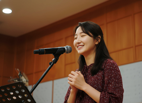 JPG 편집이미지 여자 감정 종교 예술 음악 노래 커뮤니케이션 대화 웃음 소리 공연 무대 표현 군중 연습 마이크 찬양 성가대 편집실사 AI인물포토 AI콘텐츠 기독교 음향기기 문화예술 표정 말하기 사람 이벤트 CG 합창 파일형식 AI포토