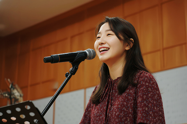 JPG 편집이미지 여자 행복 종교 음악 노래 모션 웃음 이벤트 활발 공연 무대 마이크 찬양 목소리 성가대 순간 편집실사 AI인물포토 AI콘텐츠 감정 기독교 음향기기 컨셉 문화예술 표정 사람 CG 합창 파일형식 AI포토