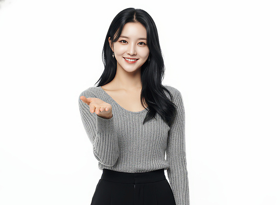 JPG 편집이미지 라이프스타일 여자 포즈 백그라운드 커뮤니케이션 표정 미소 사람 손짓 회색 흰색 스웨터 전달 뷰티풀 의료성형뷰티 편집실사 AI인물포토 AI콘텐츠 컬러 상의 모션 생활 CG 파일형식 AI포토