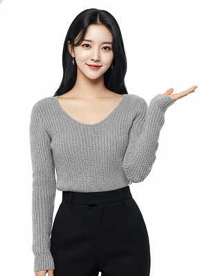 JPG 모델 편집이미지 라이프스타일 긴머리 여자 패션 포즈 바지 웃음 손짓 머리 귀걸이 검은색 사진촬영 회색 스웨터 의료성형뷰티 스타일 편집실사 AI인물포토 AI콘텐츠 헤어스타일 컬러 상의 장신구 모션 하의 표정 사람 생활 신체부위 촬영 CG 파일형식 AI포토