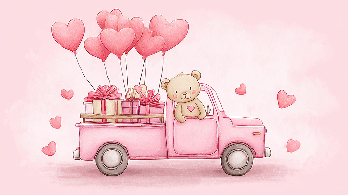 감정 인형 컨셉 자동차 사람 이벤트 하트 풍선 파일형식 AI콘텐츠 곰인형 하트풍선 선물 귀여움 사랑 행복 장면 백그라운드 트럭 아기 배송 파티 기념일 기쁨 어린이 장식 JPG AI일러스트 일러스트