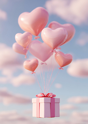 JPG 편집이미지 기념일 분홍색 하늘 선물 사랑 장식 선물상자 상자 파티 하트 축하 연결 장면 풍선 이미지편집 AI컴퓨터그래픽 AI콘텐츠 모양 감정 컬러 컨셉 이벤트 파일형식