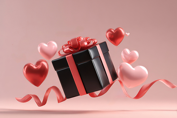 JPG 편집이미지 디자인 기념일 행복 리본 분홍색 컬러 백그라운드 선물 공중 장식 빨간색 선물상자 검은색 하트 크기 이미지편집 AI컴퓨터그래픽 AI콘텐츠 모양 감정 이벤트 상자 파일형식