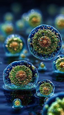 JPG 편집이미지 과학 자연 세포 실험 초록색 물 수중 금색 관찰 원형 구출 생물학 원자 분자구조 이미지편집 AI컴퓨터그래픽 AI콘텐츠 자연요소 도형 교육 컬러 모션 도움 생태계 파일형식