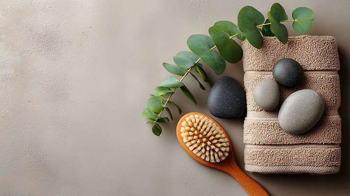 JPG 편집이미지 자연 휴식 나뭇잎 프레임 건강 관리 수건 목욕 청결 공간 돌_바위 위생 오브젝트 준비 정리 테라피 편집실사 AI포토 AI콘텐츠 컨셉 잎 위생용품 뷰티 CG 생태계 파일형식