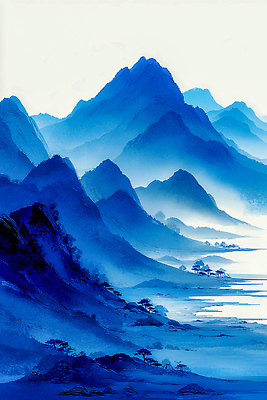 자연요소 식물 아시아 컬러 컨셉 생태계 파일형식 AI콘텐츠 산 강 자연 그림 파란색 풍경 나무 물 흐름 한국 예술 하늘 그림자 선 조화 JPG AI일러스트 일러스트