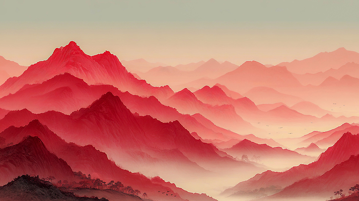 주간 식물 컬러 날씨 노을 생태계 파일형식 AI콘텐츠 산 빨간색 안개 풍경 아침 자연 하늘 나무 평원 습기 일출 고요 지형 땅 멀리 시야 JPG AI일러스트 일러스트